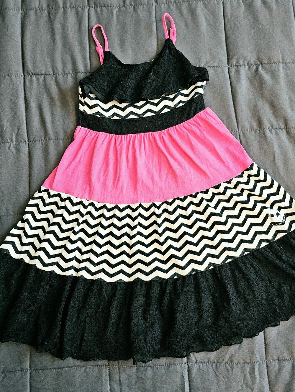 Juicy Couture Pink & Black Chevron Tiered Dress Girls M